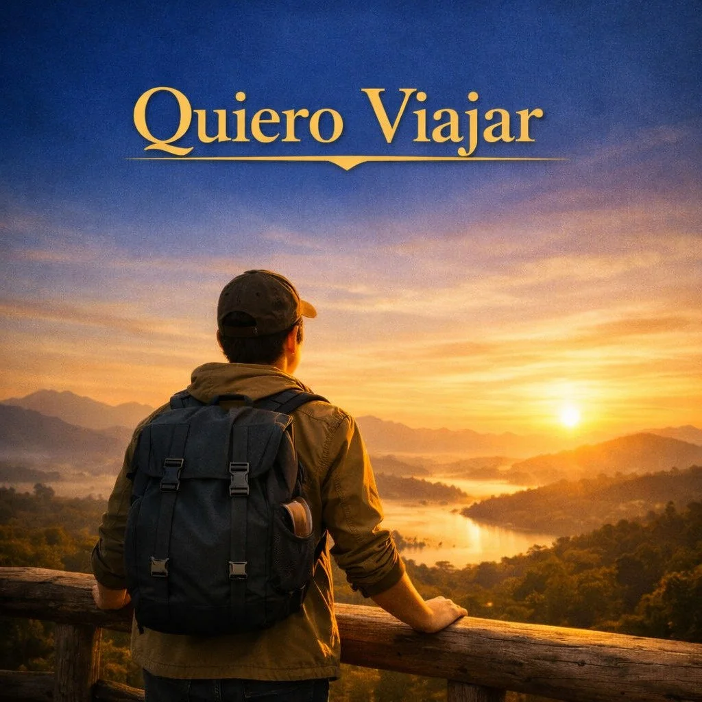Una persona con mochila observa un amanecer en un paisaje con montañas y río