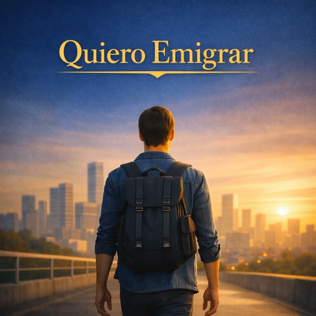 Persona con mochila caminando hacia una ciudad al atardecer, con el texto 'Quiero Emigrar' en la parte superior.