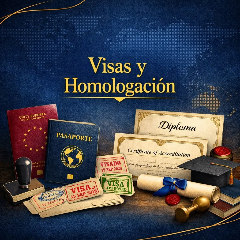 Fondo azul con mapa mundial de puntos, títulos en español 'Visas y Homologación', entre objetos hay pasaporte, diplomas, certificados, sellos, licencias, un sello de tinta, cartas, y un birrete de graduación.