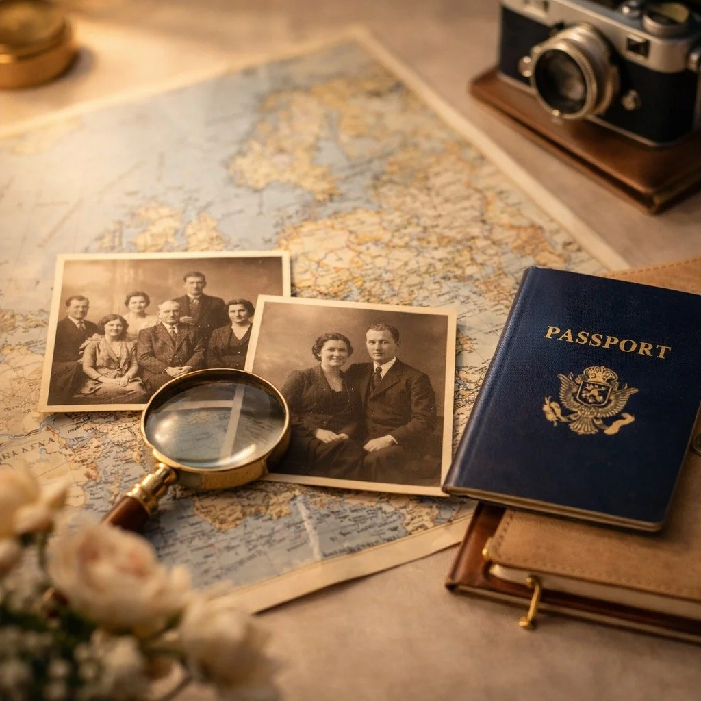 Escritorio vintage con mapa antiguo, fotos en blanco y negro y un pasaporte.