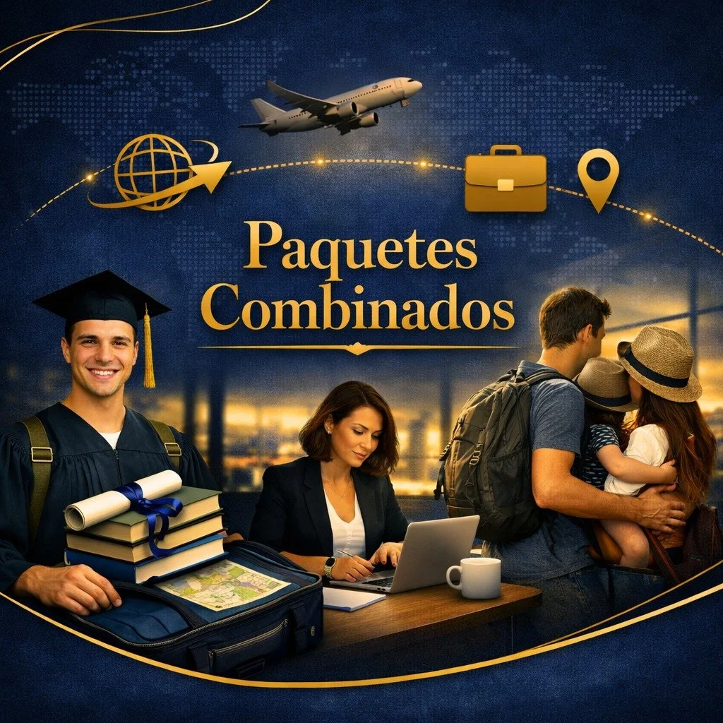 Imagen promocional de paquetes turísticos combinados con una familia, un graduado, un avión y elementos de viaje como maletines y mapas. Texto en español: "Paquetes Combinados".