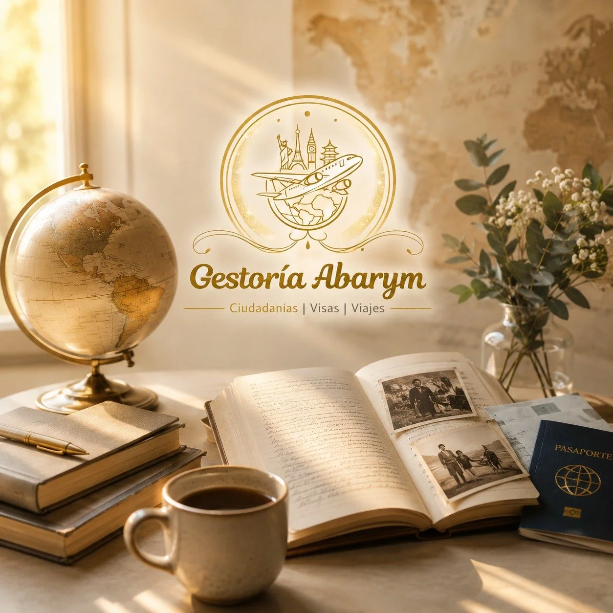 Libro abierto, pasaporte, globo terráqueo y elementos de viaje junto al logo de Gestoría Abarym.