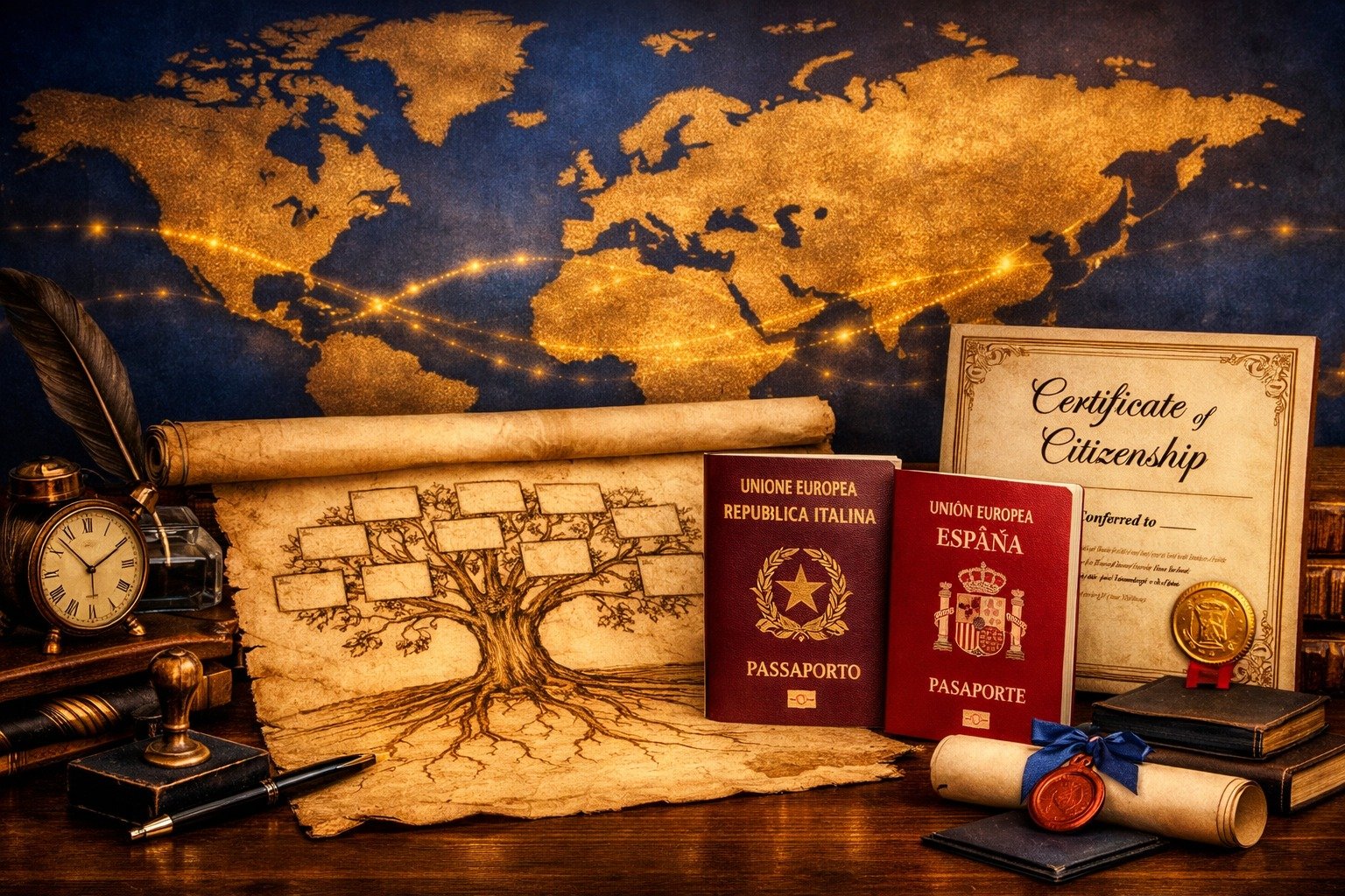 Mesa con documentos de ciudadanía, pasaportes europeos y mapas antiguos.