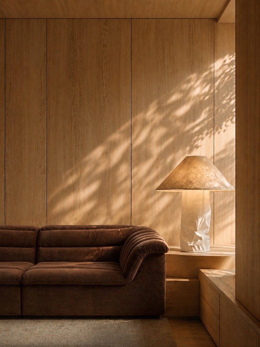Living room with brown sofa, wooden wall paneling, and a table lamp with a beige shade and white base, casting shadows on the wall.