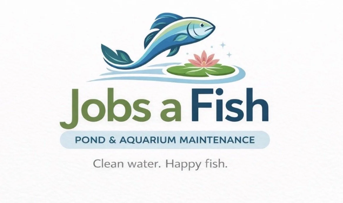Logo for a pond and aquarium maintenance service called 'Jobs a Fish' featuring a cartoon fish jumping out of water towards a lily pad, with the tagline 'Clean water. Happy fish.'