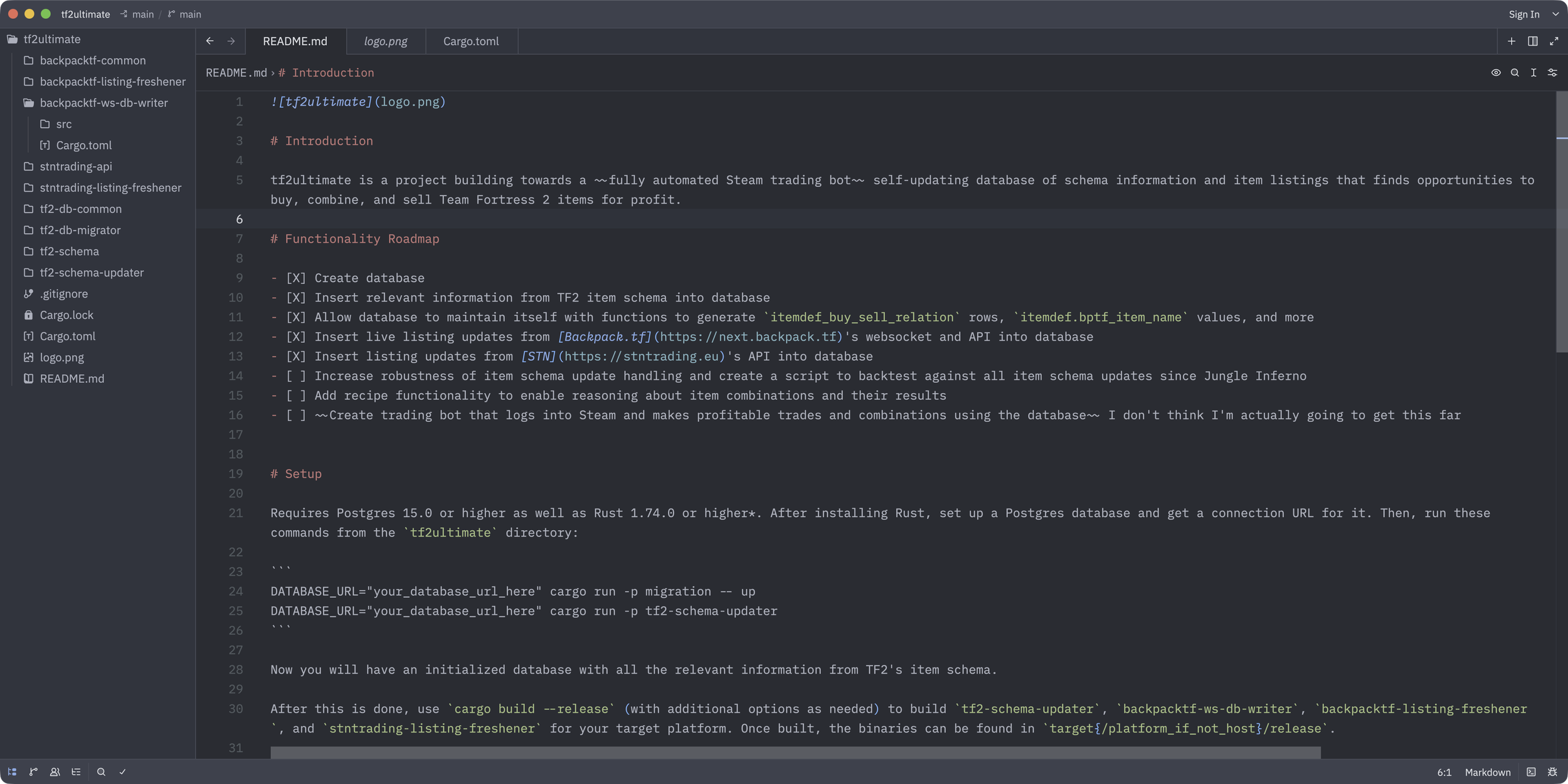 A screenshot of a text editor window with the source code open for the tf2ultimate project.