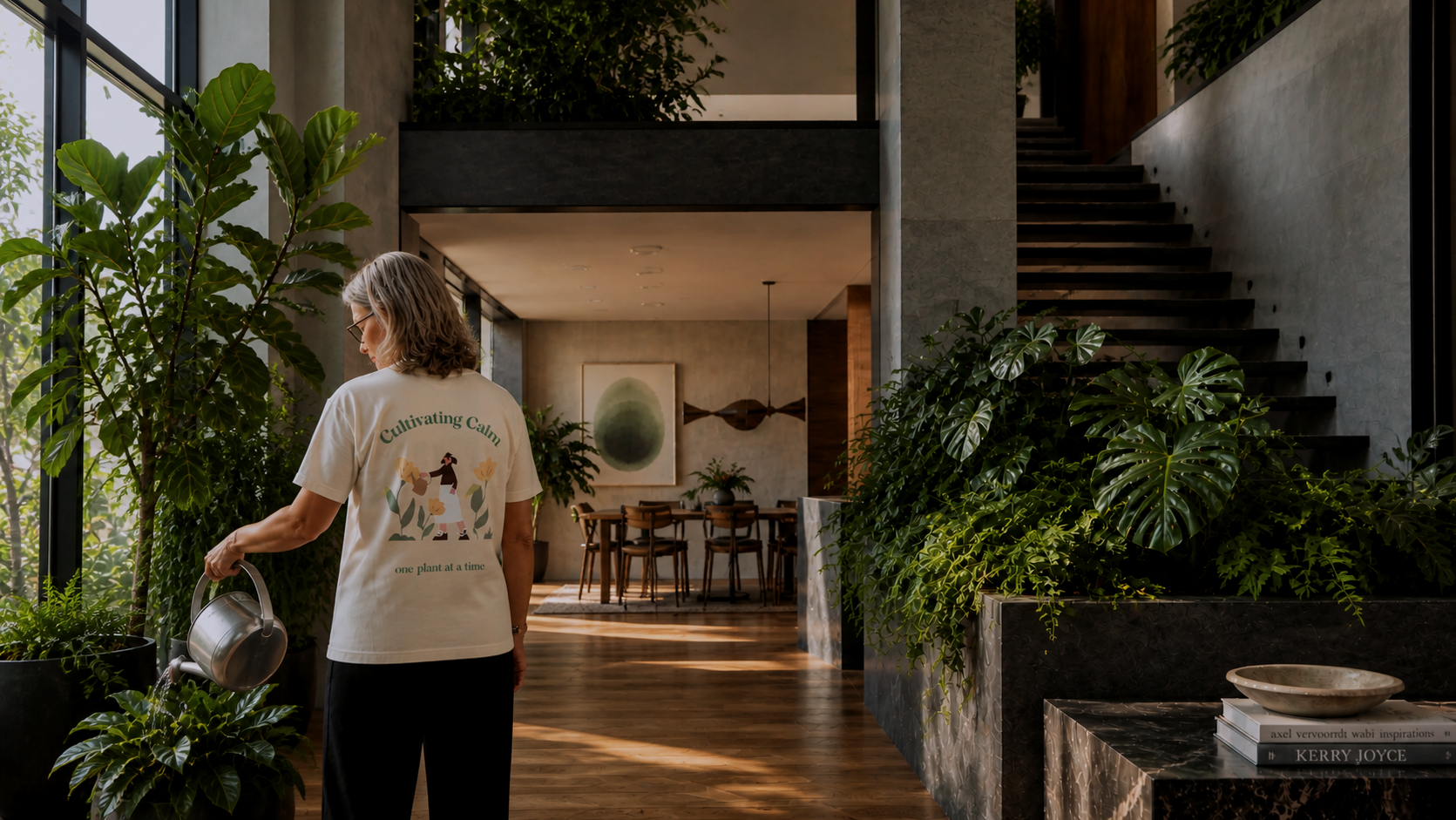 A woman watering indoor plants in a modern, stylish home with large windows, wooden floors, and a dining area in the background.