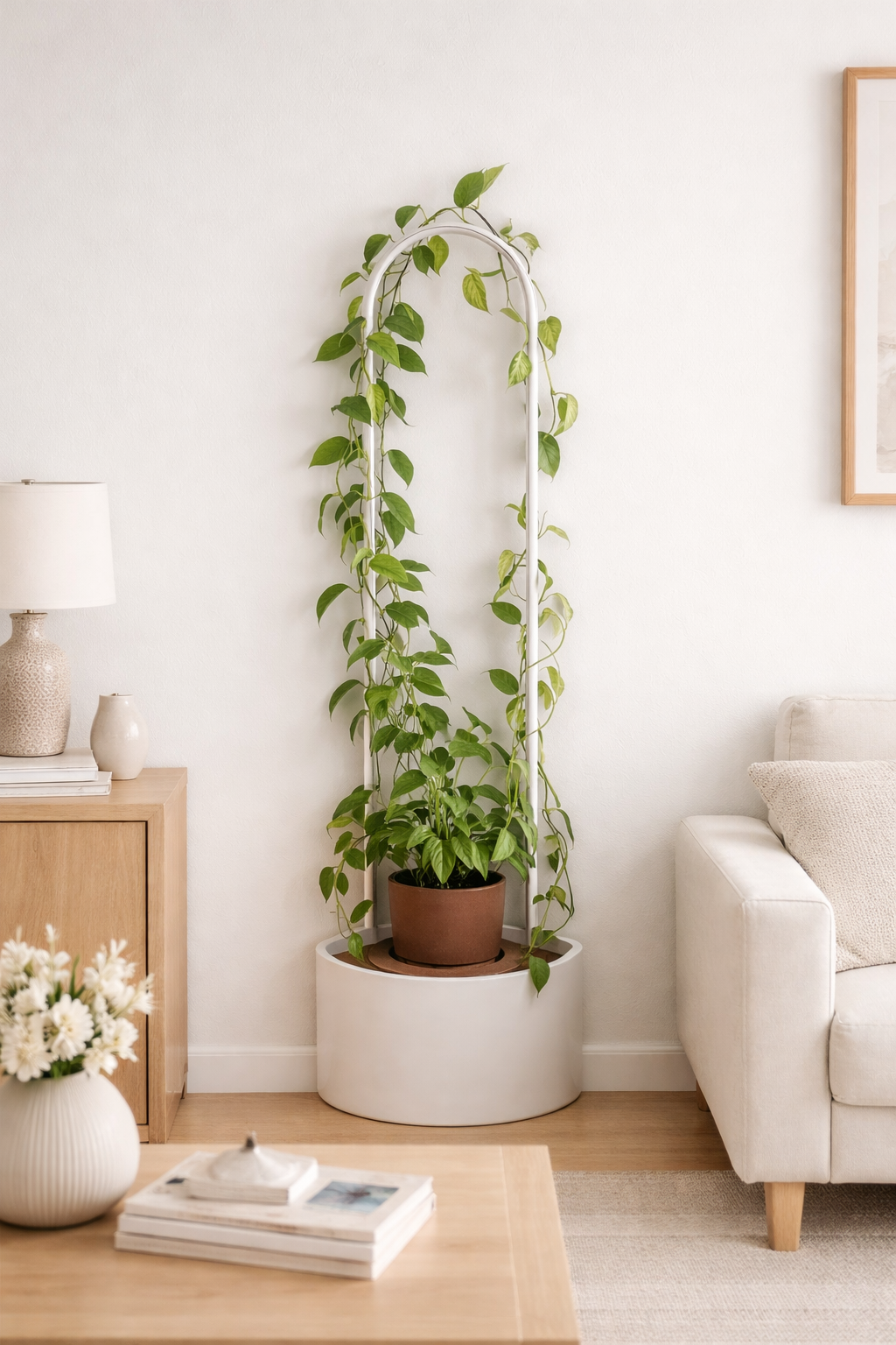 Indoor houseplant on a white stand next to a beige sofa, in a well-lit living room.