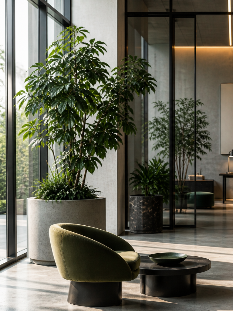 Modern indoor space with large potted plant, green velvet chair, black coffee table, and floor-to-ceiling windows with natural light.