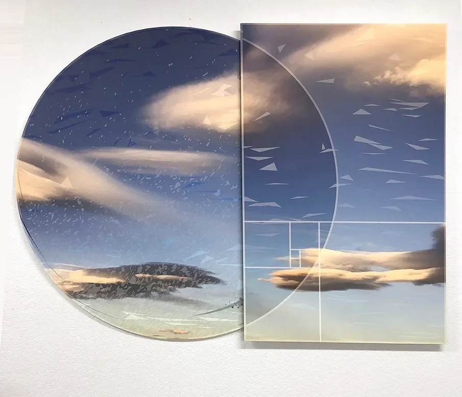 Art installation with two panels depicting a sky with clouds, a moon, and abstract geometric shapes reflecting clouds and the sky.
