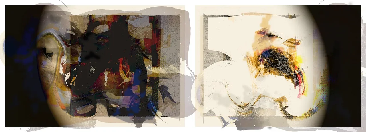 Abstract digital artwork with fragmented shapes and vivid colors, divided into two halves.
