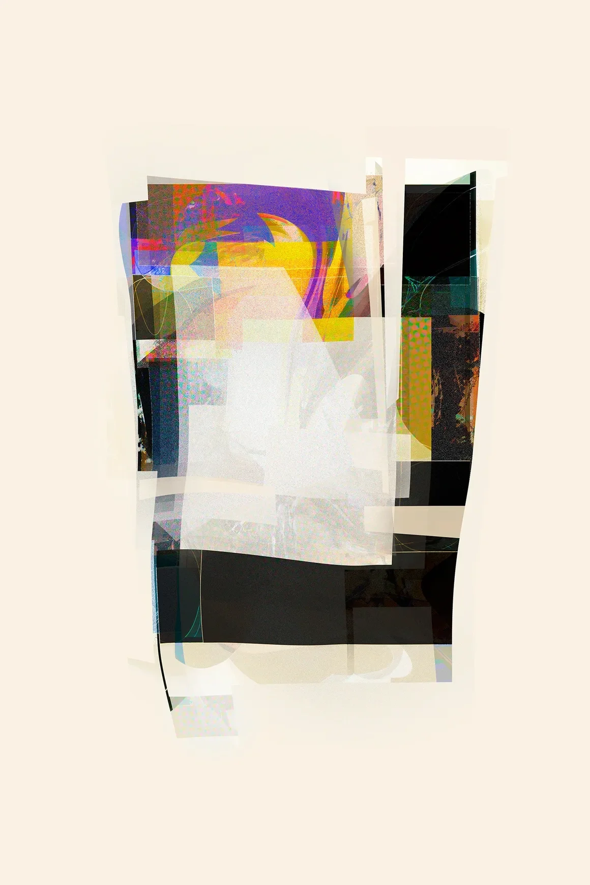 Abstract digital artwork with colorful geometric shapes and layered patterns on a light background.