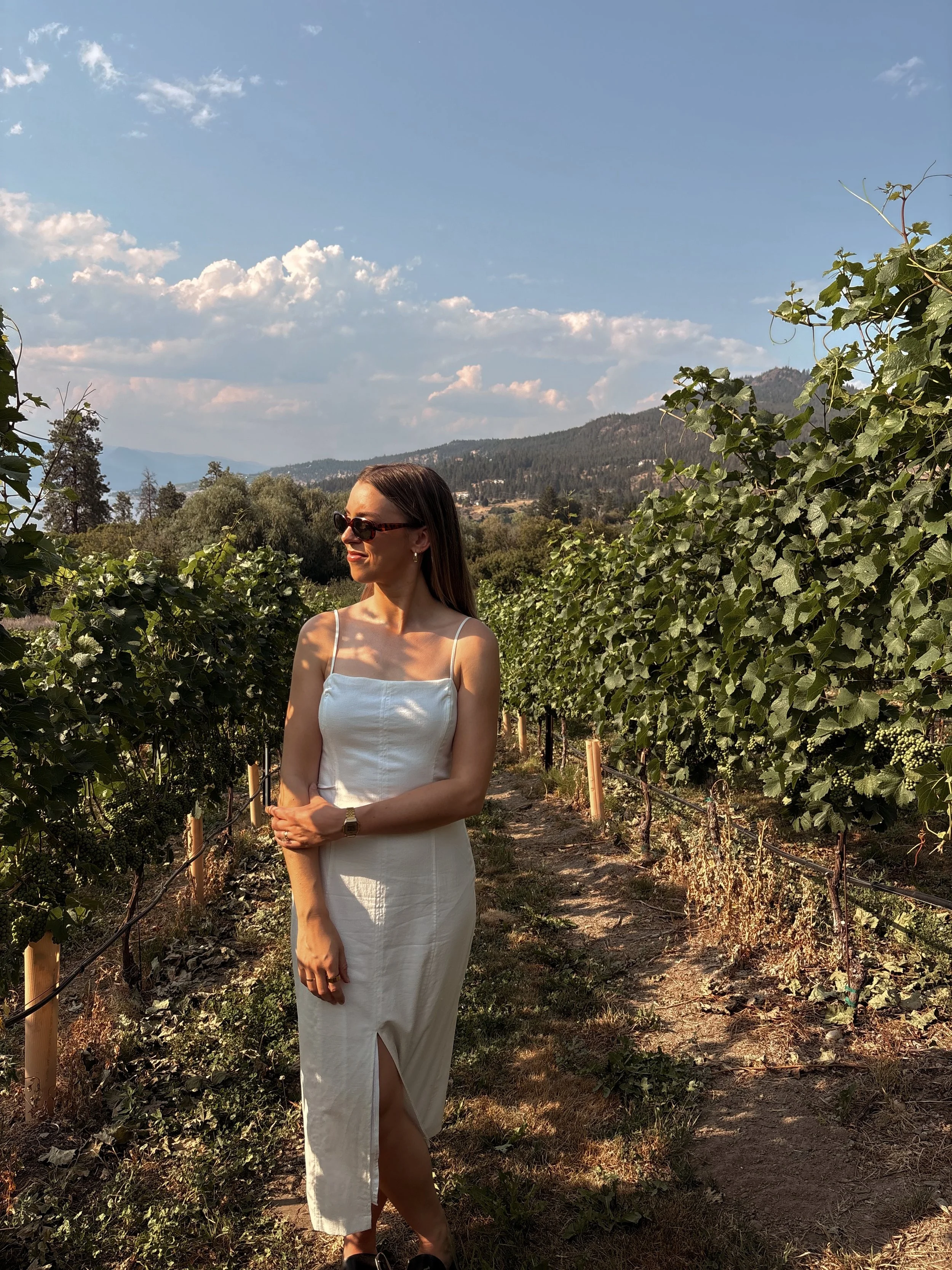 A woman in a white dress and sunglasses standing in a vineyard with mountains and a partly cloudy sky in the background.