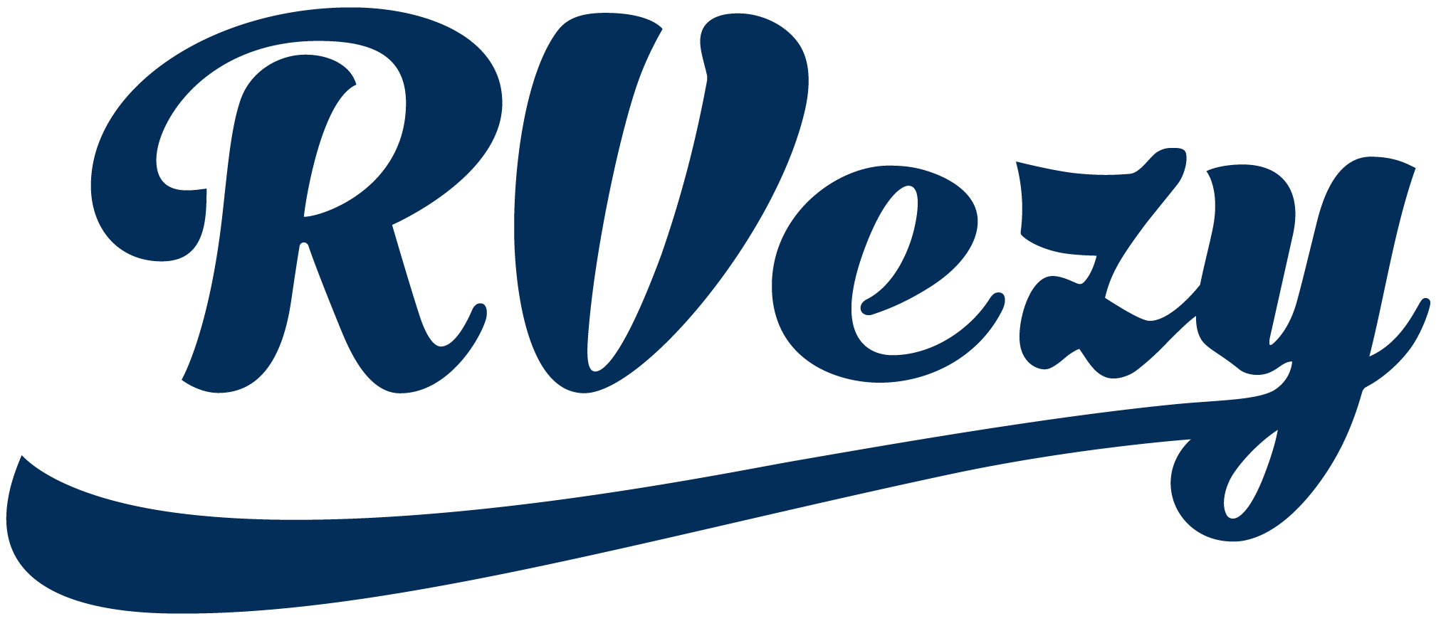 The word 'RVezy' written in blue cursive script with a trailing underline.