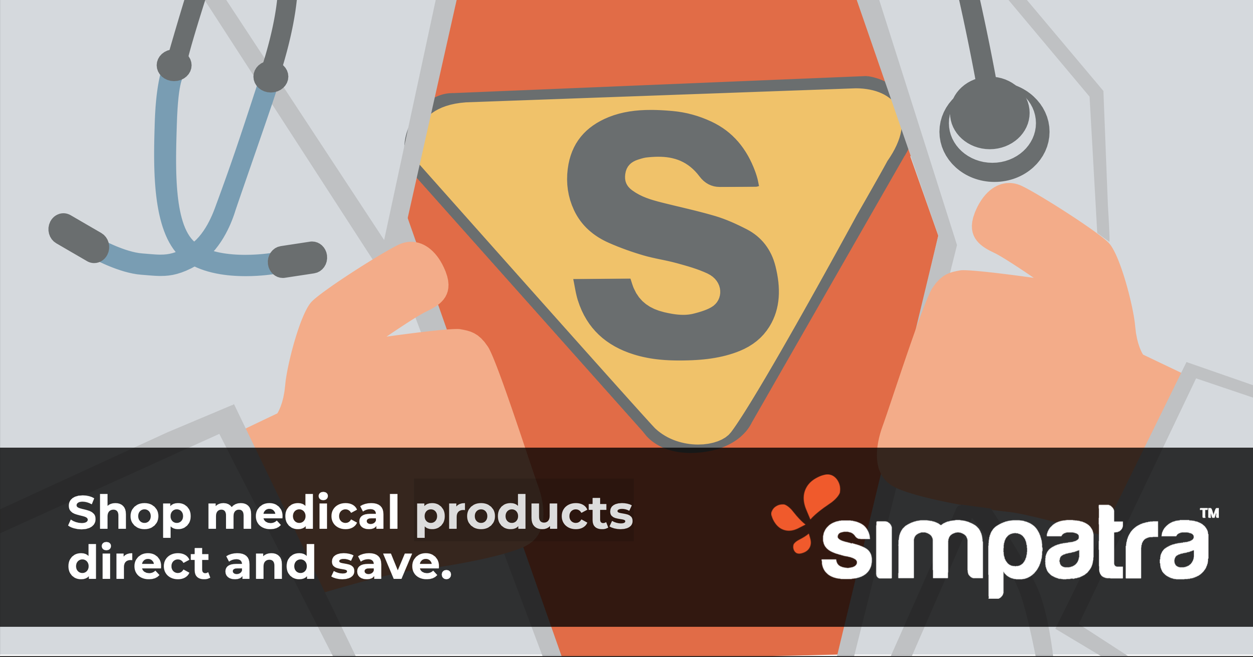 Illustration of hands holding a smartphone displaying a superhero emblem with medical equipment in the background, promoting online medical product shopping.