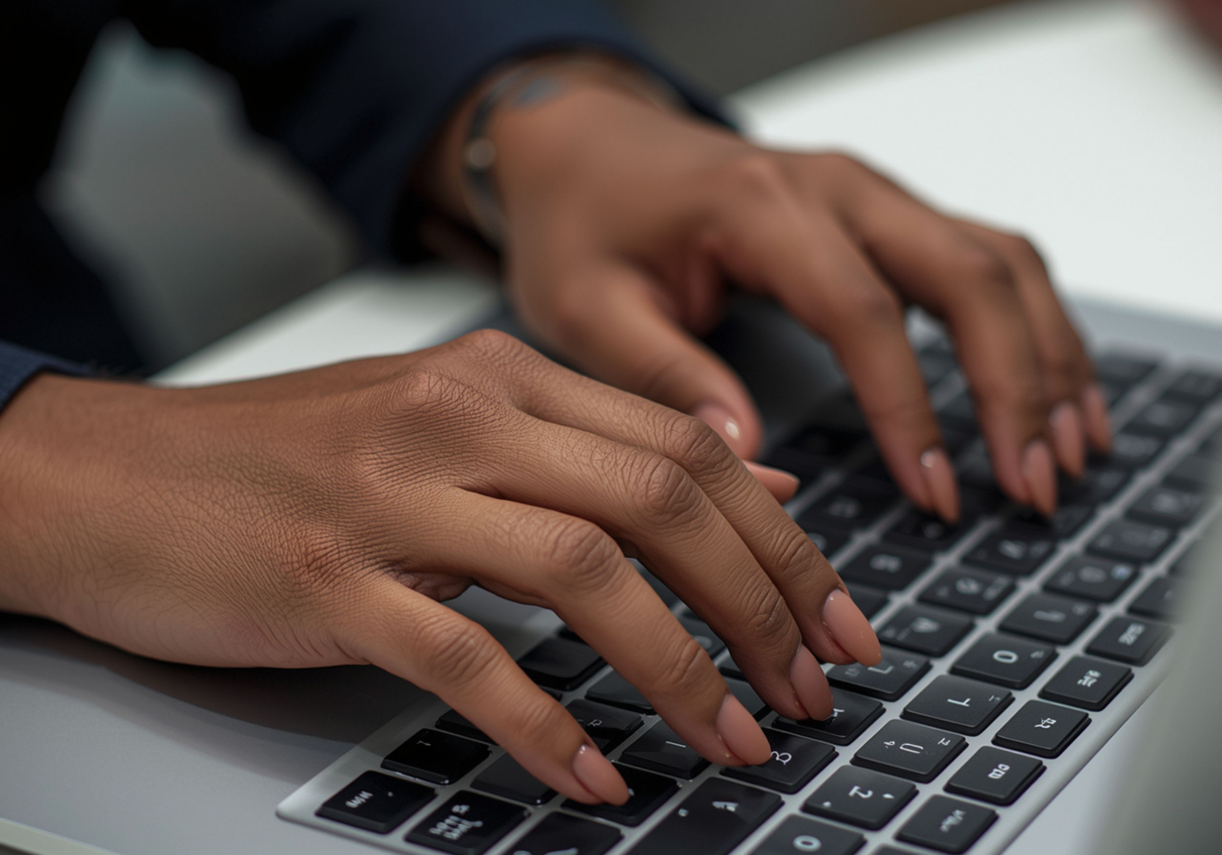Close-up of a person with dark skin typing on a laptop keyboard, wearing a dark jacket and a wristwatch.