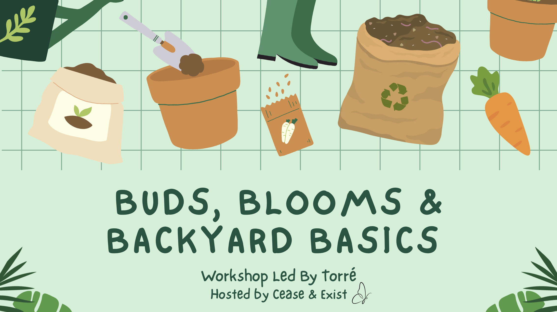 Illustration of gardening supplies including bags of soil, a small gardening trowel, a seed packet, and a bag of compost, set on a green tiled surface with some leafy plant illustrations.