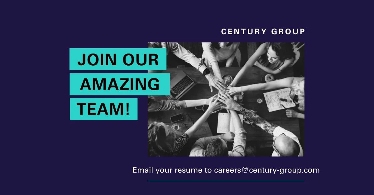 A promotional graphic for Century Group featuring a black and white photo of a team of diverse people high-fiving over a conference table, with the text 'Join Our Amazing Team!' and contact email for job applications.