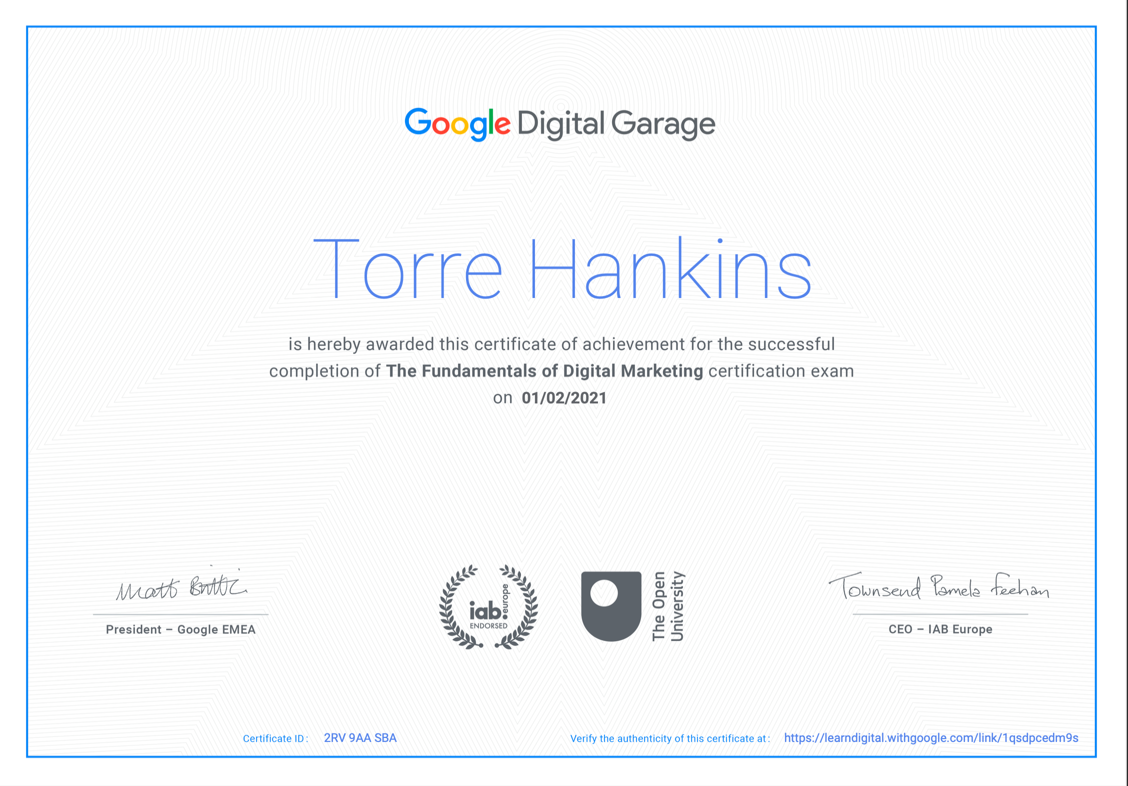 A certificate from Google Digital Garage awarded to Tore Hawkins for successful completion of The Fundamentals of Digital Marketing exam on January 2, 2021, with signatures, logos, and decorative elements.