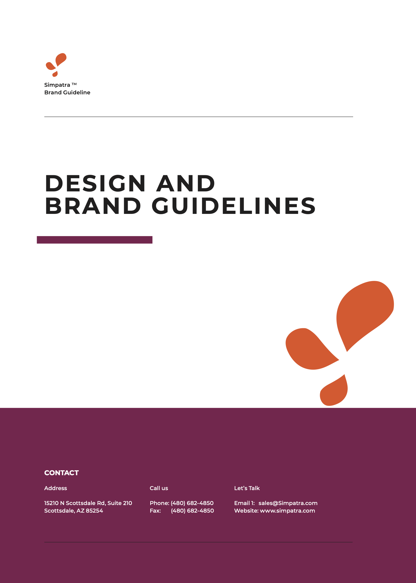 A brand guideline document for 'Simpatra' displayed on a screen, with sections about contact information, address, phone, fax, email, and website, and design elements in orange, purple, and white.