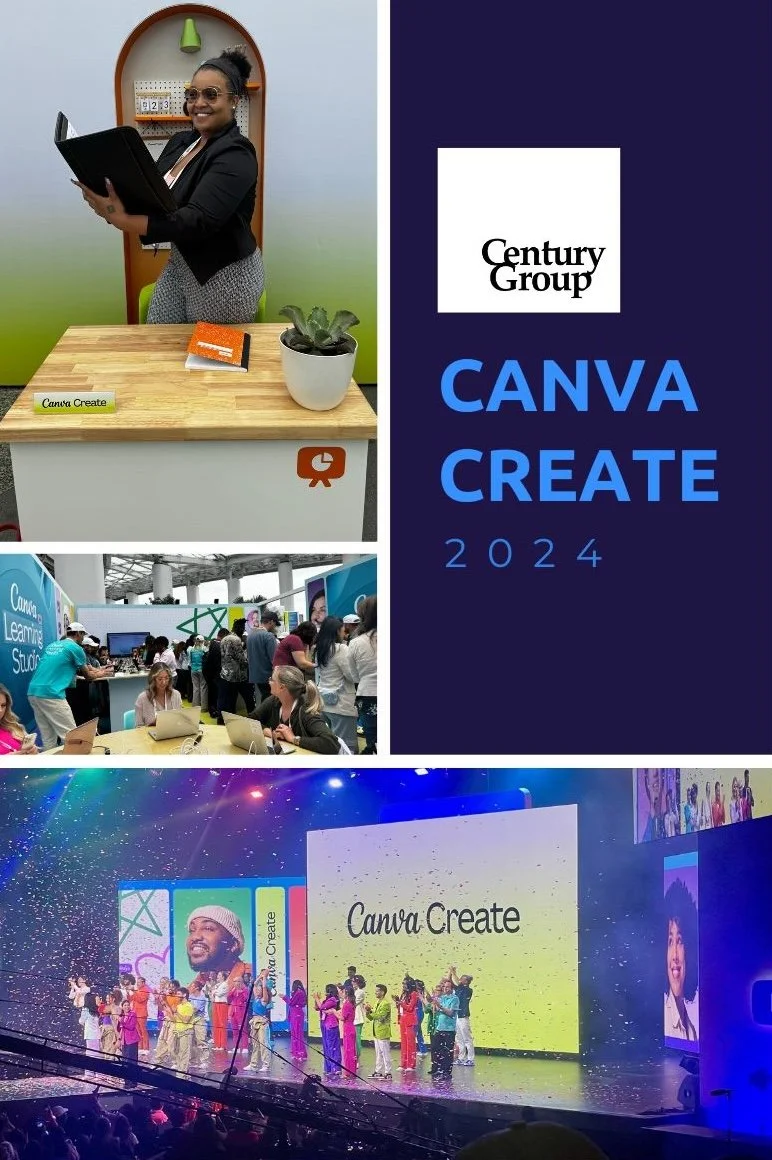 A collage of three images from Canva Create 2024 event. The top left shows a woman smiling and holding a file at a booth with a plant and notebooks on a table; the top right displays the Canva Create 2024 logo on a dark background; the bottom image shows a stage with children in colorful outfits performing, a large screen reading "Canva Create," and an audience.