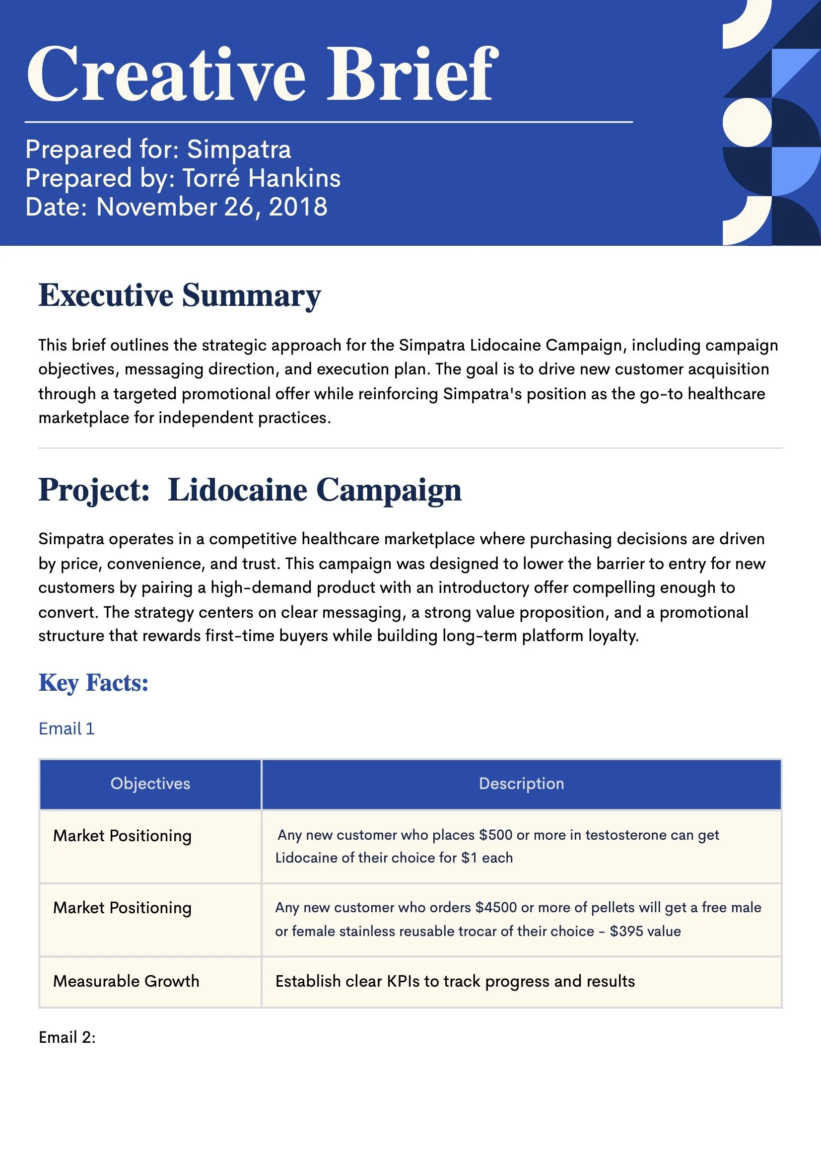 A digital screenshot of a report titled 'Creative Brief' for a campaign called 'Simptra'. The report includes sections for an executive summary, key facts, objectives, and descriptions about market positioning, measurable growth, and other strategic marketing details. The page design features a blue header with geometric shapes and white background text.