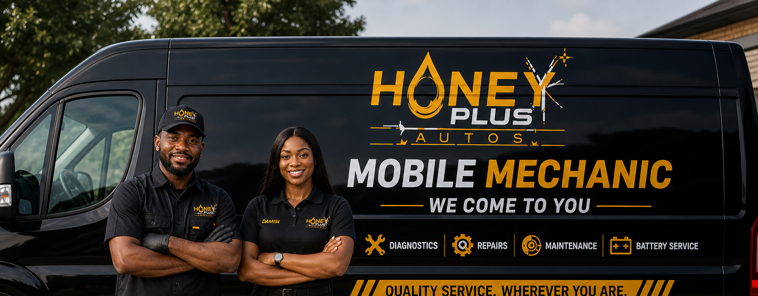 A black service van with Chevron stripe accents parked outside. The van displays the logo and branding for Honey Plus Autos, a mobile mechanic service, with text indicating they offer diagnostics, repairs, maintenance, and battery service. Two technicians, a man and a woman, stand in front of the van, smiling and crossing their arms, wearing black work shirts and hats branded with Honey Plus Autos.