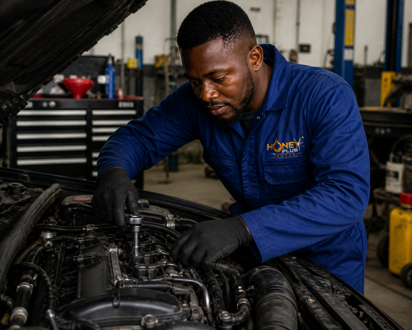 A mechanic working on a car engine in an auto repair shop, wearing a blue work uniform with the logo of Honey Plus Auto Repair.