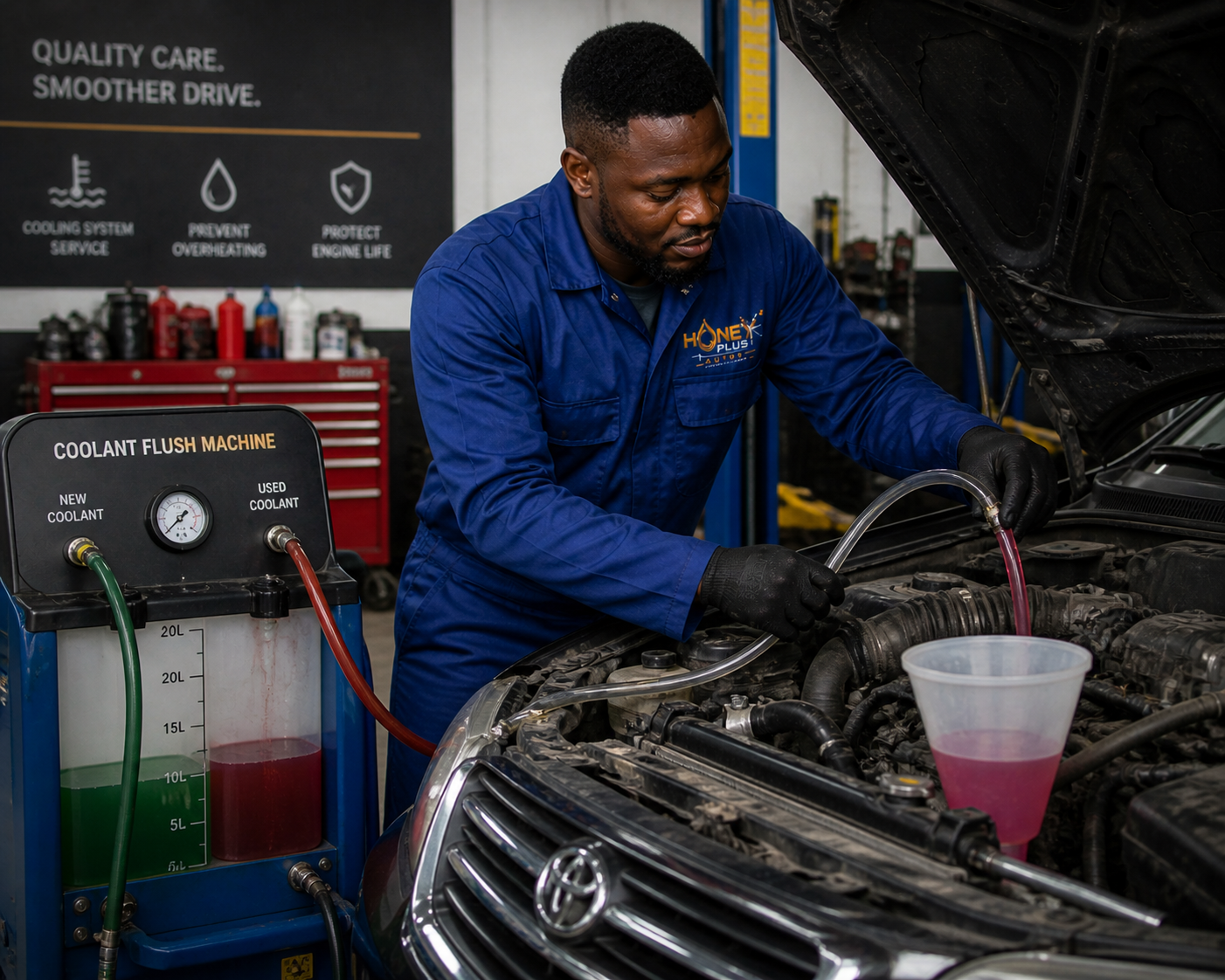 A mechanic in a blue jumpsuit and black gloves pours pink coolant into a car engine. The car hood is open, and a plastic container is placed nearby to catch excess coolant. A machine labeled 'Coolant Flush Machine' sits to the side, with hoses connected to it, and the background shows a workshop with tools and a sign about vehicle care.