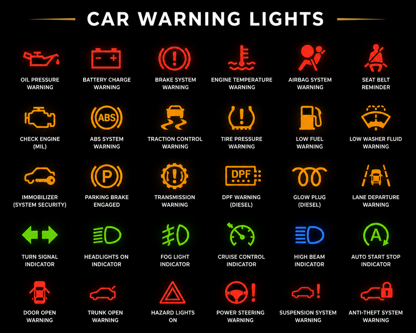 A digital display of car warning lights with icons and labels for various vehicle alerts, including oil pressure, battery charge, brake system, engine temperature, airbag system, seat belt reminder, check engine, ABS, traction control, tire pressure, low fuel, low washer fluid, immobilizer, parking brake, transmission, DPF (diesel particulate filter), turn signal indicator, headlights, fog light, cruise control, high beam, auto start/stop, door open, trunk open, hazard lights, power steering, suspension system, and anti-theft system.