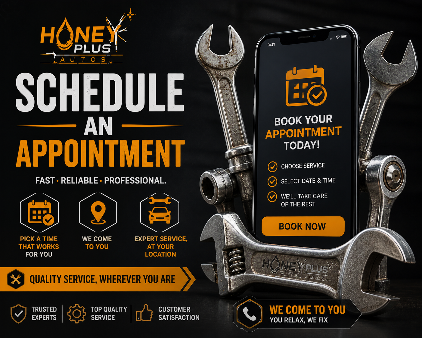 Advertisement for Honey Plus Autos showing a smartphone with an appointment booking app, surrounded by tools, and text promoting scheduling auto services, including features like choosing service, selecting date and time, and providing expert care.