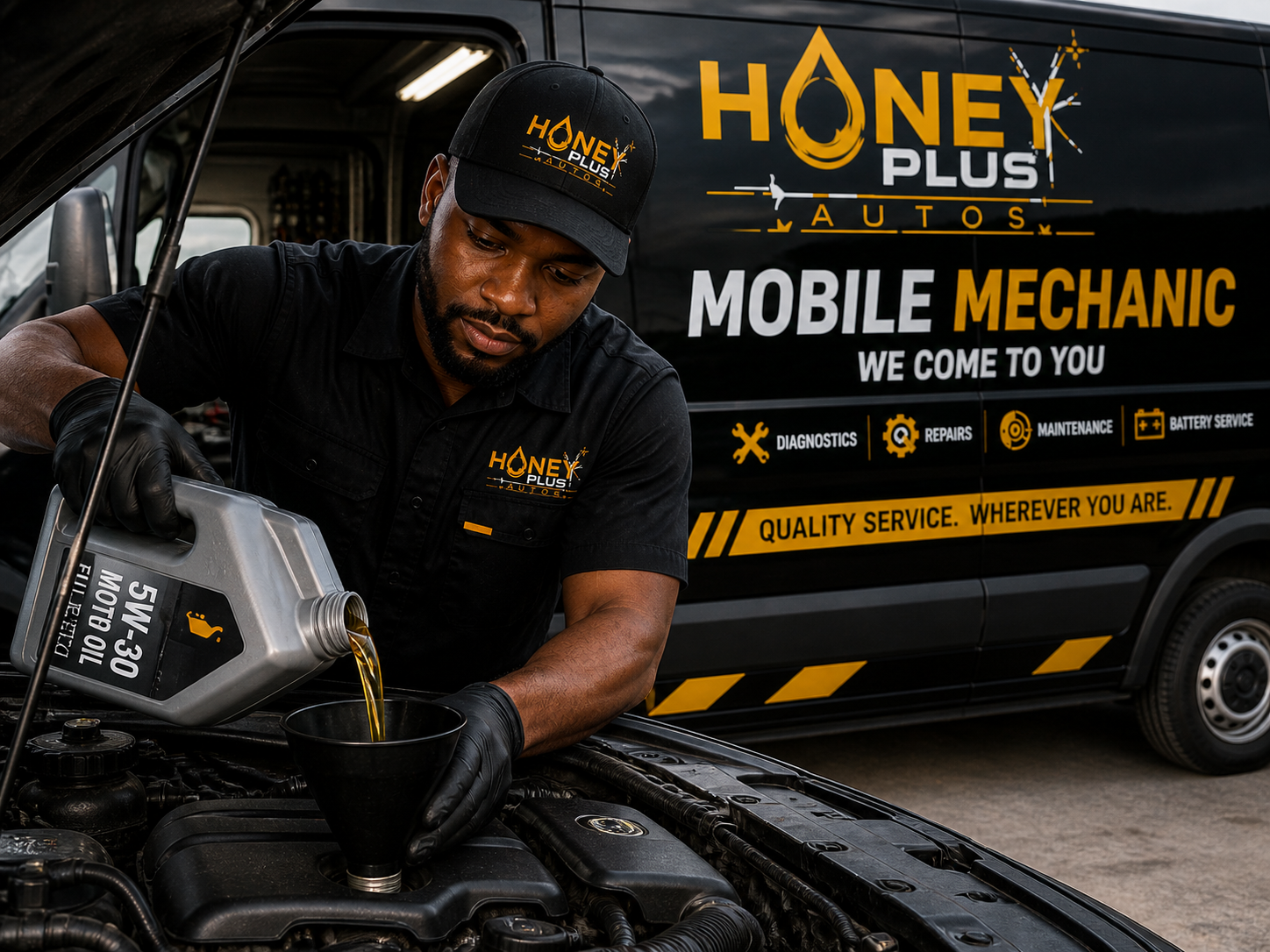A mechanic pouring 5W-30 motor oil into a car engine, with a Honey Plus Auto service van in the background showing services like diagnostics, repairs, maintenance, and battery service.