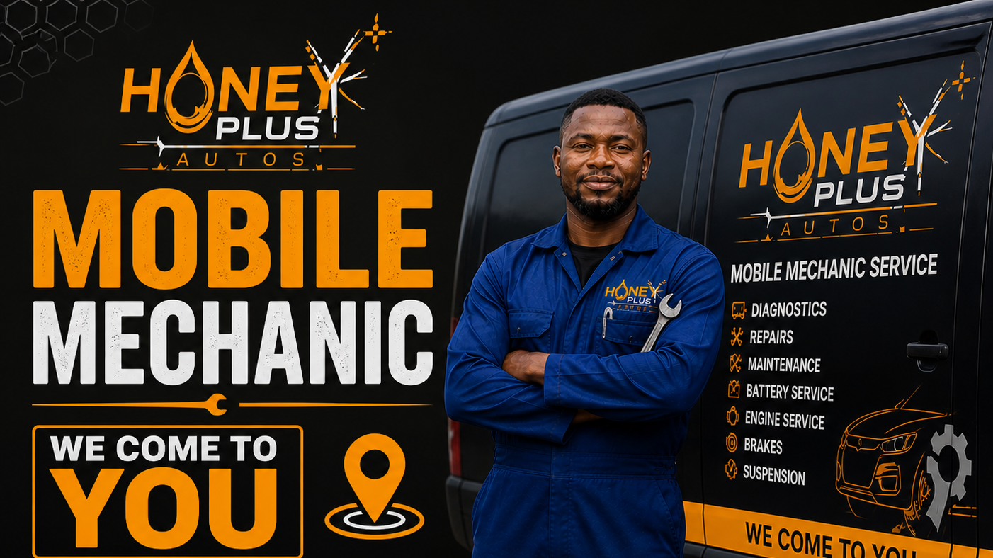 A man in a blue mechanic uniform standing with arms crossed in front of a black van, which displays the logo and services for Honey Plus Autos, a mobile mechanic service. The van lists diagnostics, repairs, maintenance, battery service, engine service, brakes, and suspension.