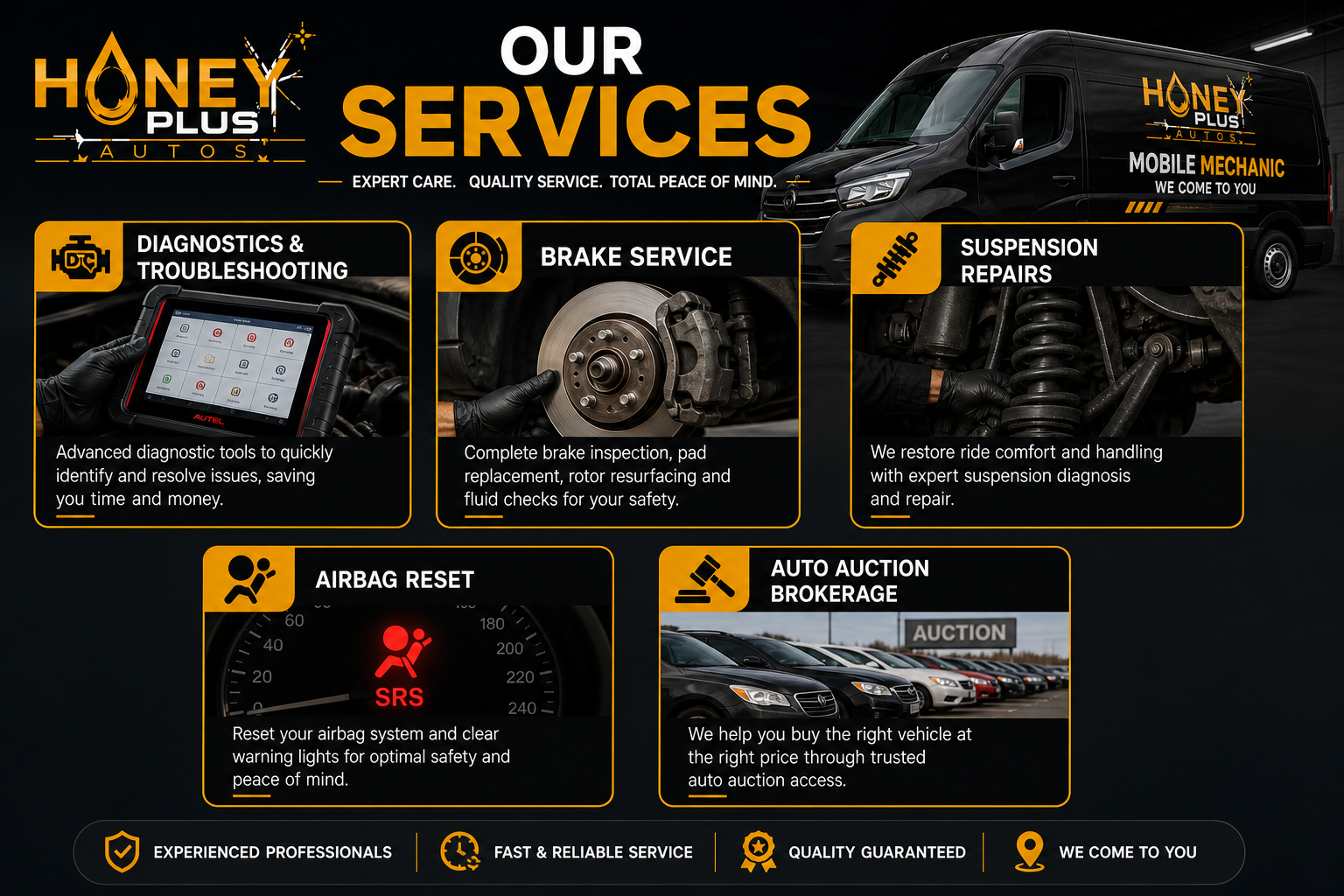 Advertisement for Honey Plus Autos with vehicle maintenance services including diagnostics, brake service, suspension repairs, airbag reset, and auto auction brokerage, featuring a van with the company logo.