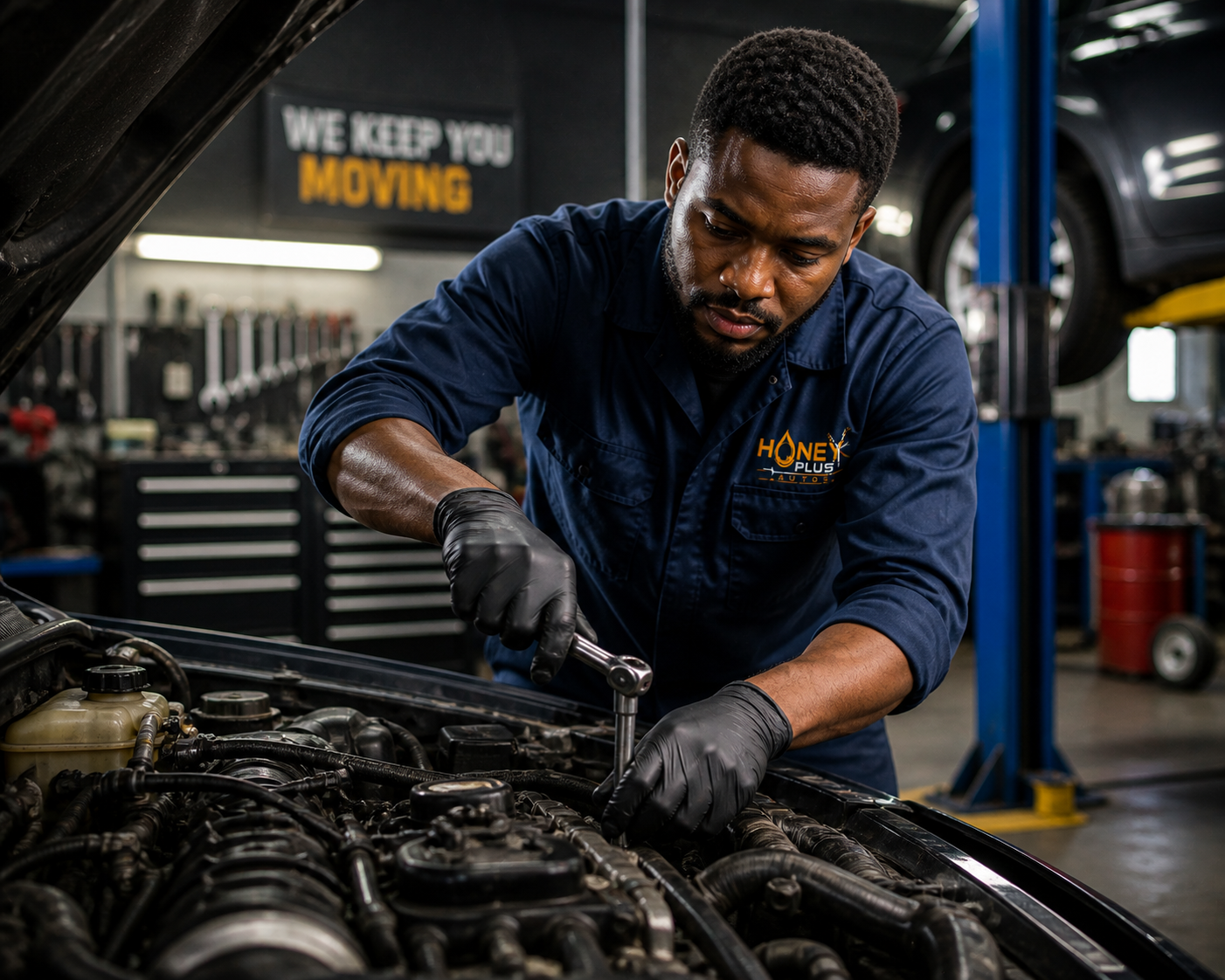 A mechanic wearing a navy blue uniform with the Honey Plus Auto logo and black gloves is fixing a car engine in an auto repair shop. The background features a sign that reads 'We Keep You Moving,' toolboxes, and a vehicle on a lift.