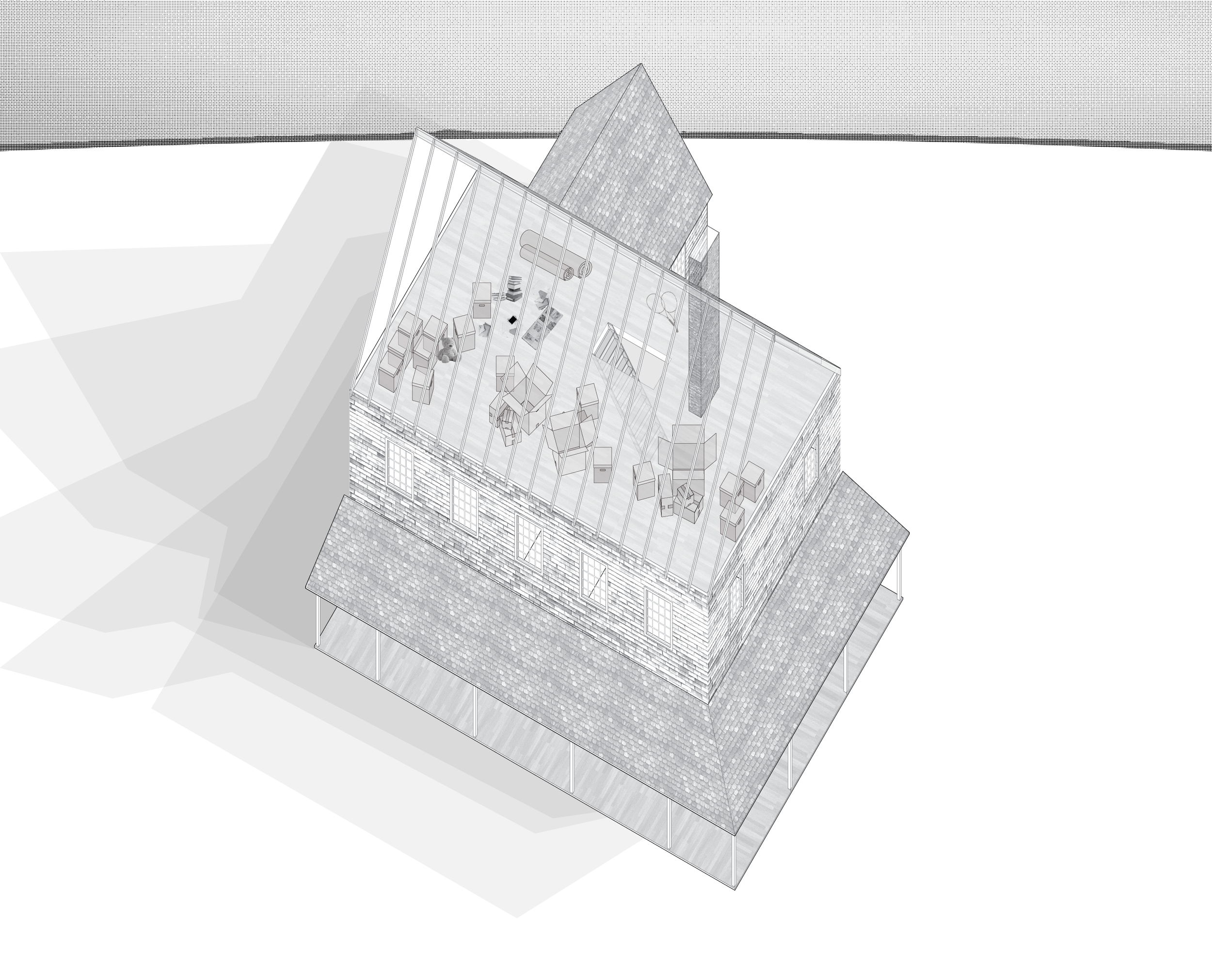 My Attic: An architectural image of Pruitt's Neck Farmhouse attic produced by architect, draftswoman, and curator, Julia Penchaszadeh-Robert.