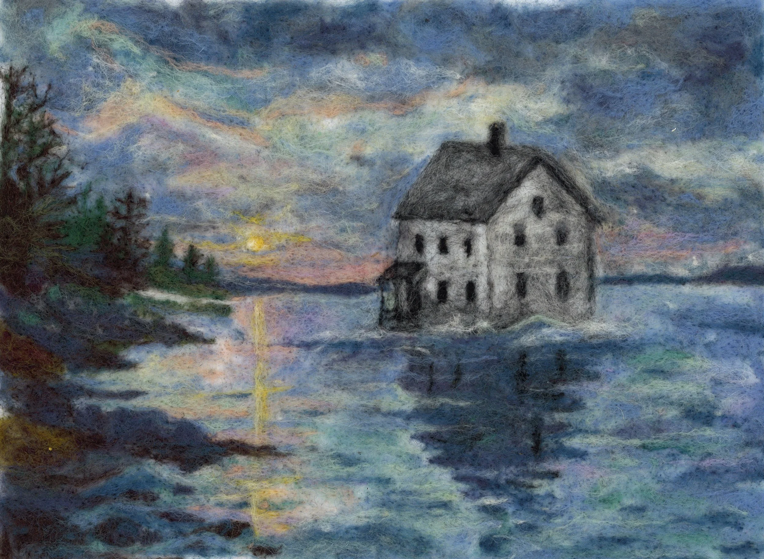My Return: a needle felted wool painting inspired by the ending of the book To Will A House by Augusta X Thomson. It is based on the quote:  "Once upon a time, there was a house-- a farmhouse on the Penobscot Bay. It knew nothing of itself or anyone 