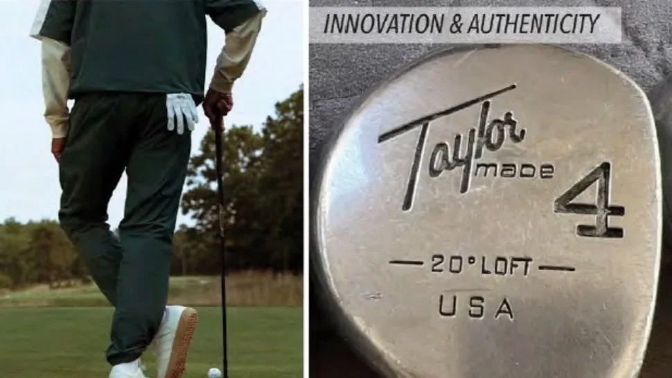 A golfer on a golf course preparing to strike a golf ball. Next to the golfer, there is a close-up of the bottom of a golf club head, which is engraved with the brand "TaylorMade," the model number "4," and specifications "20 degree loft, USA."