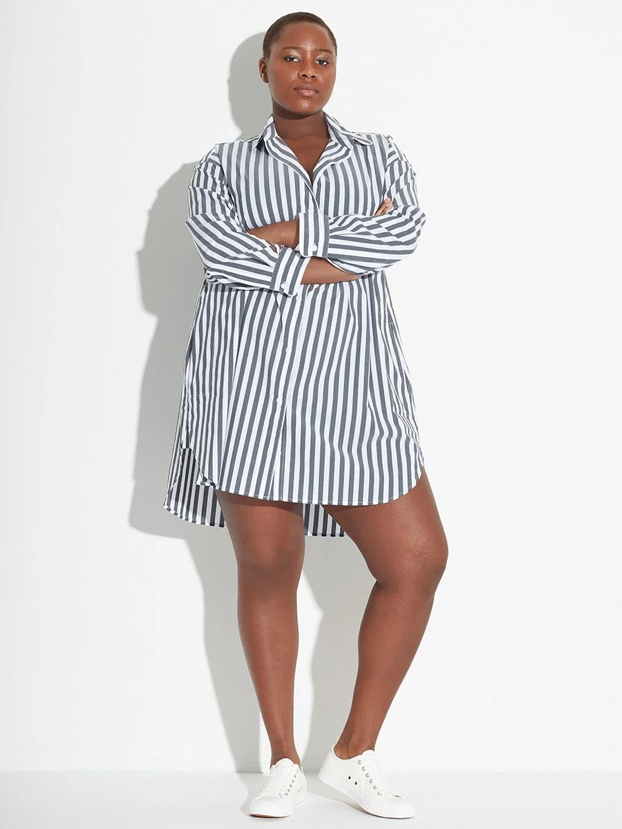 See Rose Go premium plus-size women's fashion by Yi Zhou NYC black striped tunic shirt