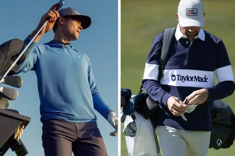 Split image showing a male golfer on the left holding a golf club on a golf course, and a male golfer on the right reading a scorecard on a golf course.