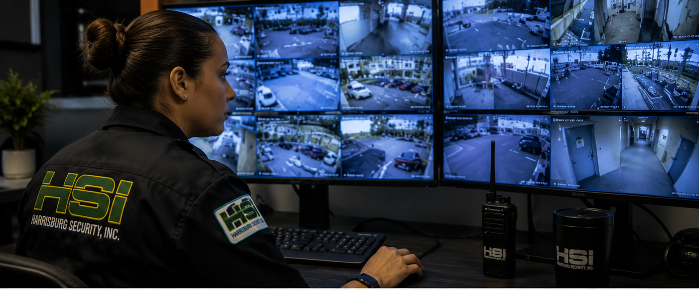 Security officer monitoring multiple surveillance camera feeds on a wall of screens at Harrisburg Security, Inc.