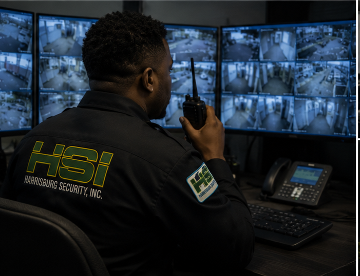 Security officer using a radio, sitting in front of multiple surveillance monitor screens at Harrisburg Security, Inc.