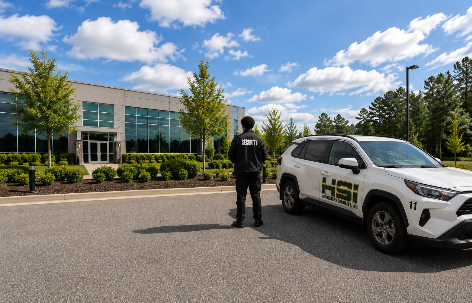 A security officer standing outside a modern building, next to a white Harrisburg Security vehicle, on a bright day with a partly cloudy sky and green trees.