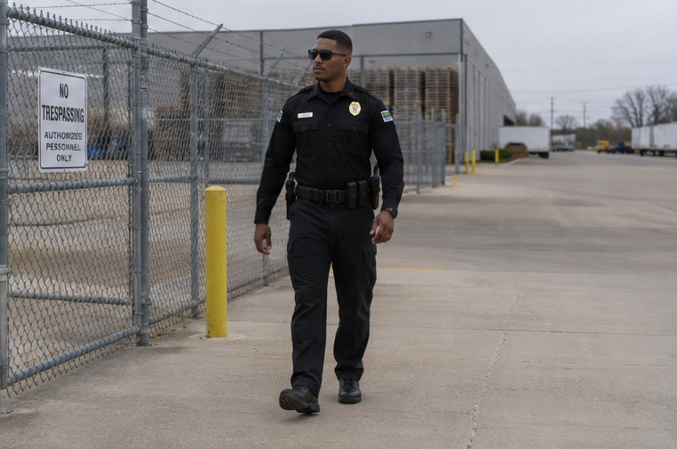 A police officer in uniform walks along a fenced industrial area with a 'No Trespassing' sign.