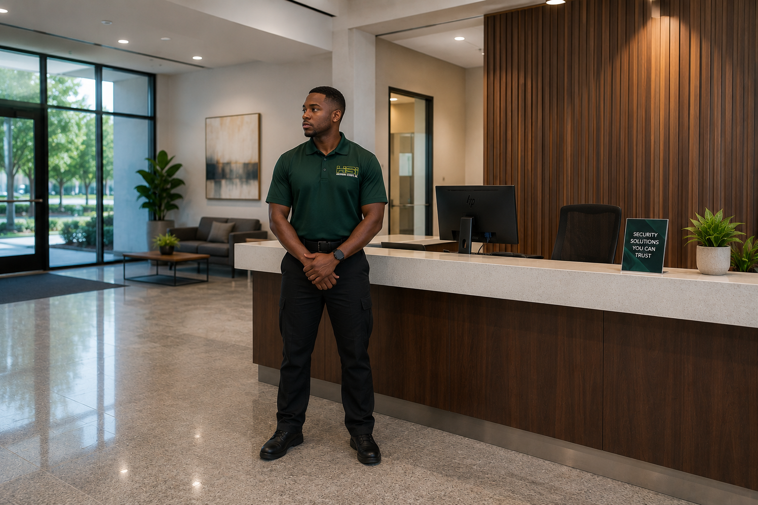 A security guard standing behind the reception desk of a modern building lobby with large windows, greenery outside, and a seating area with plants and artwork inside.