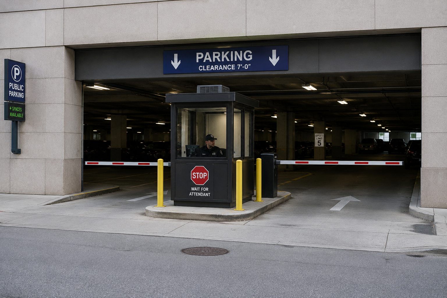 Entrance to a parking garage with a security booth and a barrier gate, a sign indicating parking clearance of 7 feet, and a police officer inside the booth