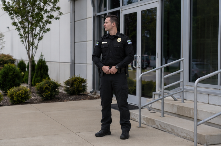A police officer standing outside a building near glass doors, with greenery and bushes nearby.