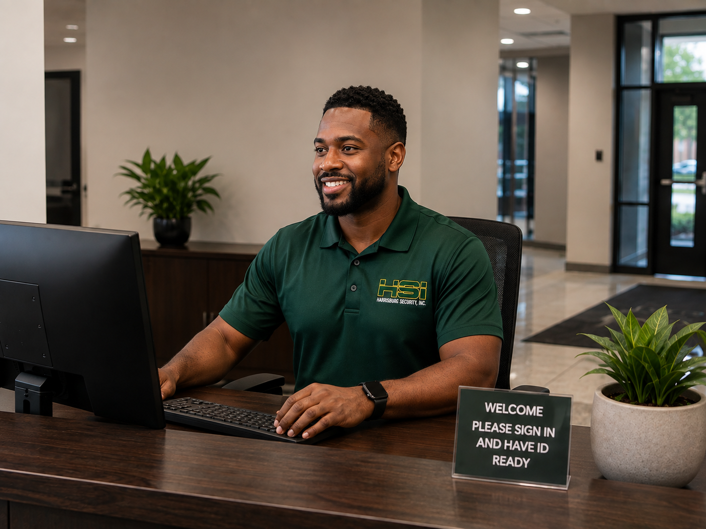 A smiling man sitting at a reception desk in an office lobby, wearing a green polo shirt with Harrisburg Security logo, with a welcome sign and potted plants on the desk.