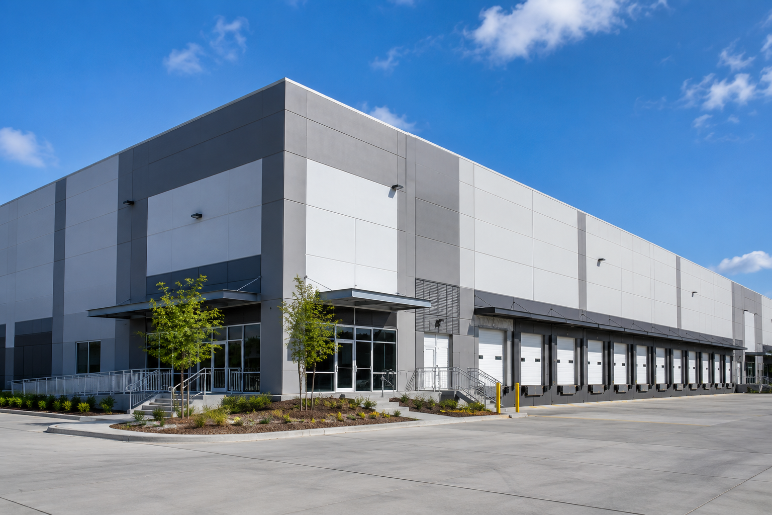 Modern warehouse or distribution center with multiple loading docks, trees, and a parking lot under blue sky.