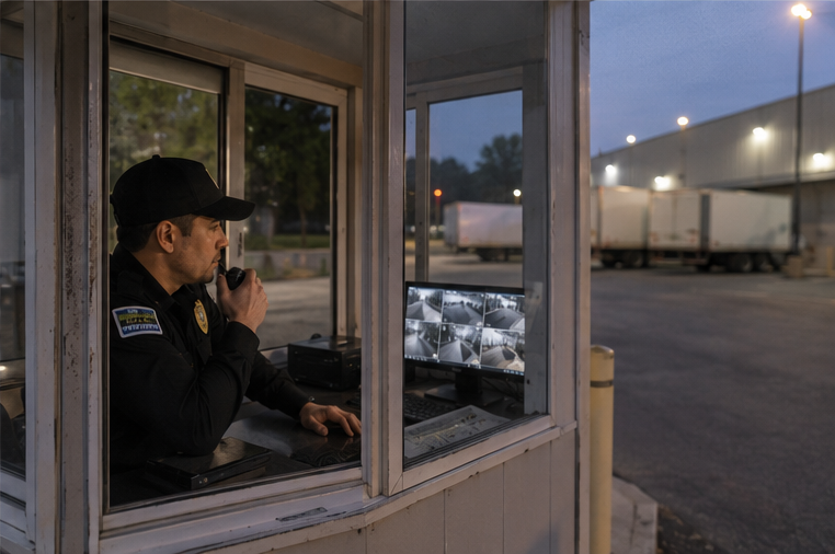 A security guard using a walkie-talkie inside a guard booth at a truck yard during dusk, with surveillance monitors on the desk and trucks outside.
